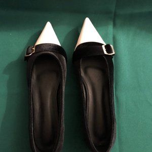 Two Tone Buckle Decor Point Toe Velvet Ballet Flats
